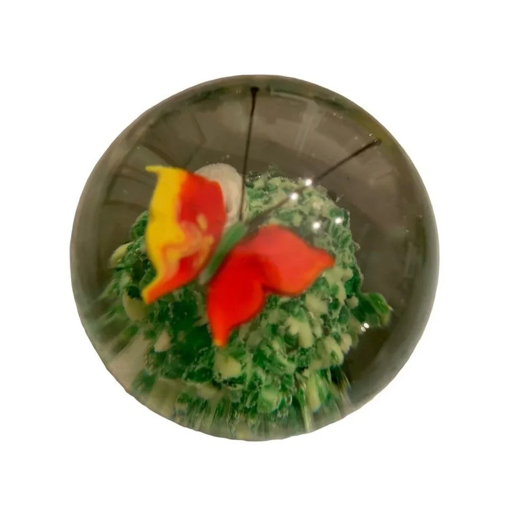Glass Globe Paperweight Red Yellow Butterfly Grass 1.8